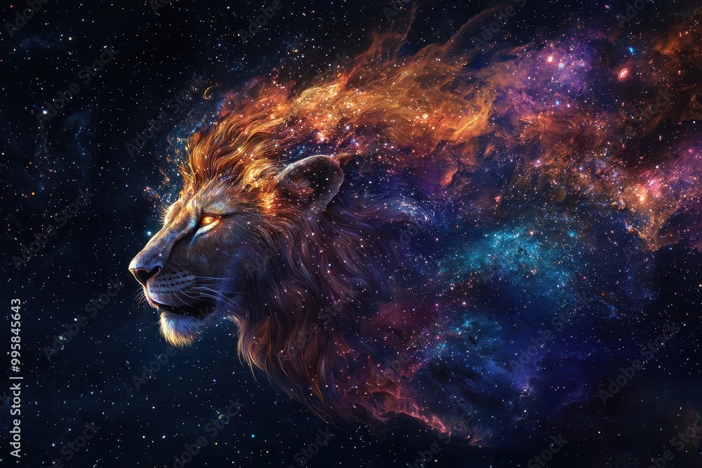 Naklejka premium Powerful cosmic illustration of a lion with a swirling mane made of galaxies, stars, and nebulae, blending the grandeur of space with the strength of the lion.