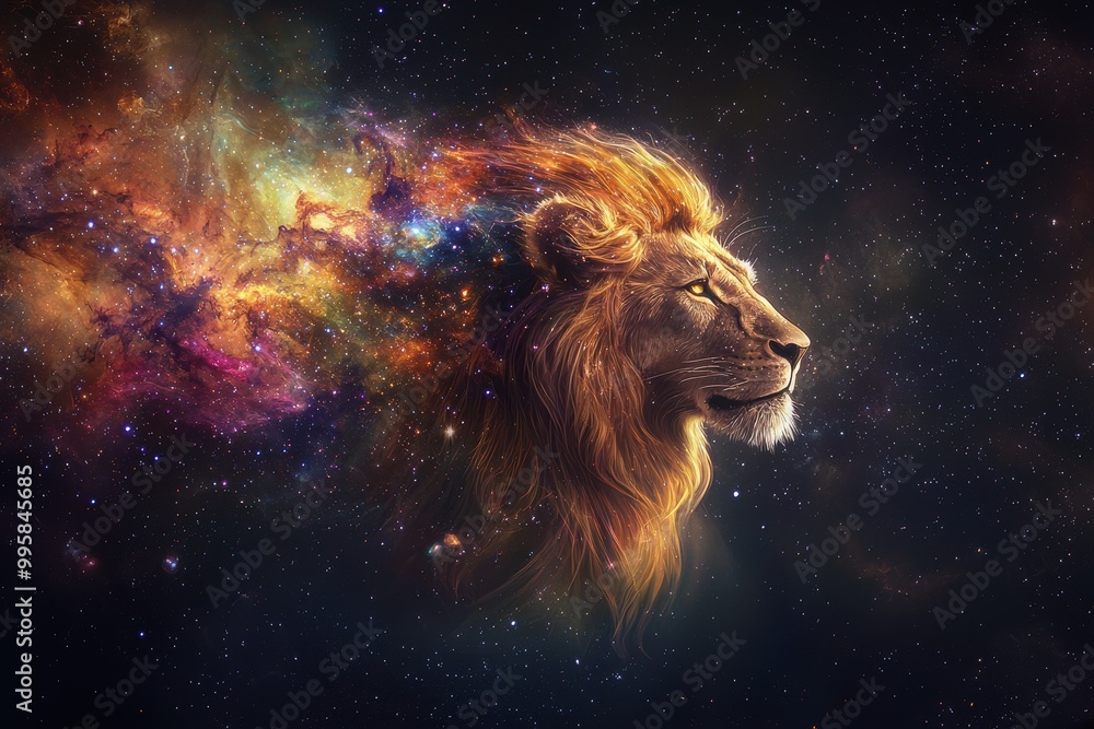 Naklejka premium Powerful cosmic illustration of a lion with a swirling mane made of galaxies, stars, and nebulae, blending the grandeur of space with the strength of the lion.