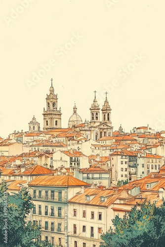 Wallpaper Mural Santiago de Compostela, color pen pencil hand-drawn effect drawing illustration for travel poster, card, wallpaper, backdrop or banner. Modern, clear, artistic and simple Torontodigital.ca
