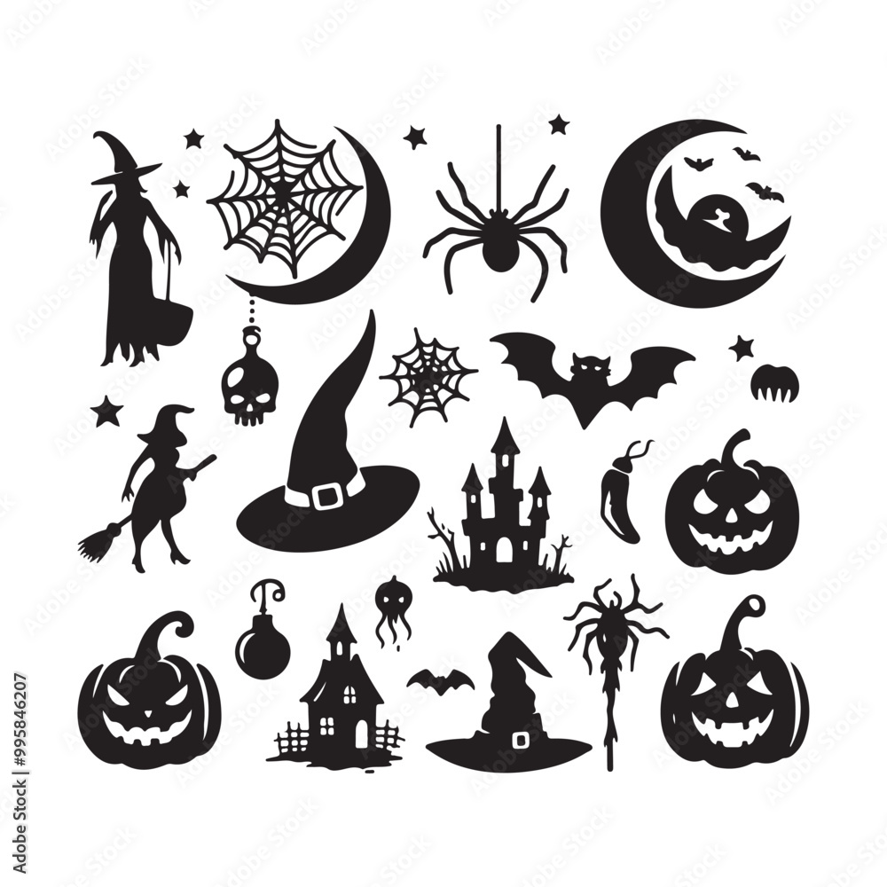 Obraz premium Halloween elements silhouette vector. Halloween elements silhouette set. Creepy and spooky fauna creatures group, monochrome icons, signs