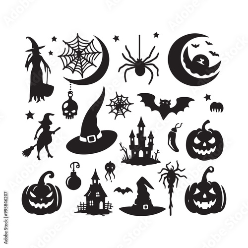 Halloween elements silhouette vector. Halloween elements silhouette set. Creepy and spooky fauna creatures group, monochrome icons, signs