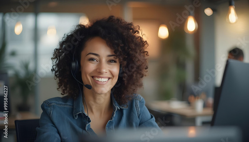 Smiling Customer Support Woman Wearing Headset in Modern Office, Professional Female Call Center Representative, Friendly Customer Service Agent, Businesswoman Using Headphones at Desk. photo