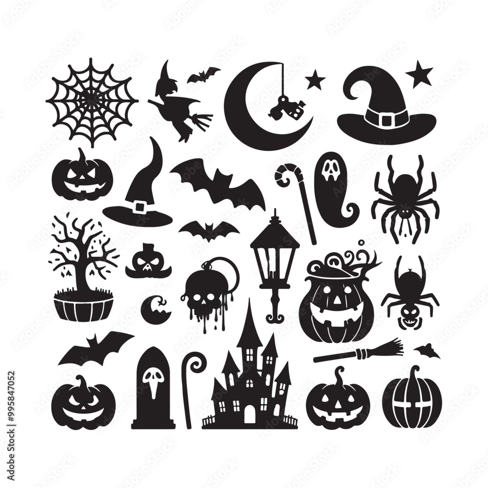Obraz premium Halloween elements silhouette vector. Halloween elements silhouette set. Creepy and spooky fauna creatures group, monochrome icons, signs