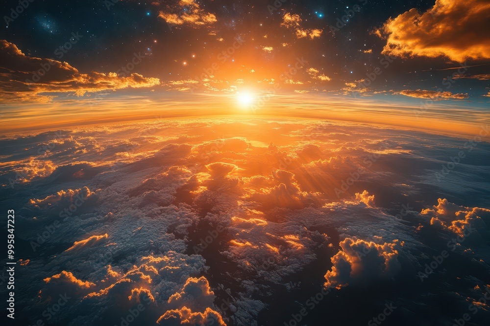 aweinspiring sunrise from space curvature of earth visible golden sunlight illuminating atmosphere starfield and distant galaxies in background aweinspiring sunrise from space curvature of earth visible golden sunlight illuminating atmosphere starfield and distant galaxies in background