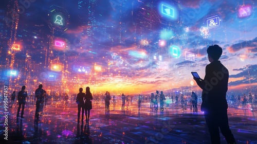 A vibrant digital landscape features diverse people engaging with tech amid glowing data streams and circuits.