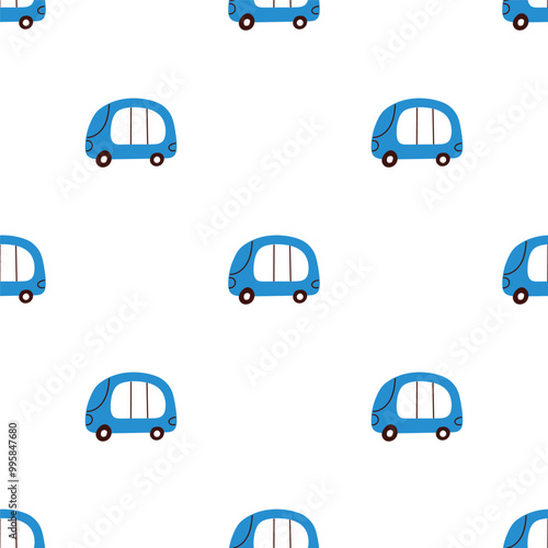 Seamless pattern. Little busses. Kids design. Vector illustration on white background.