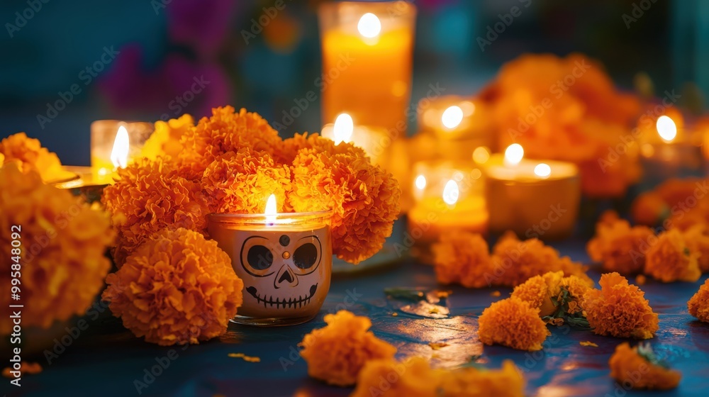 Traditional day of the dead decorations with candles, flowers, altar, skull. Dia de los muertos. Generative AI Traditional day of the dead decorations with candles, flowers, altar, skull. Dia de los muertos. Generative AI