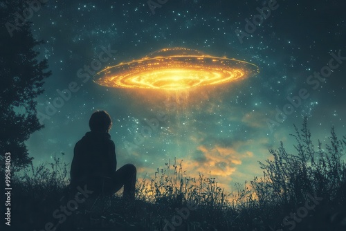 back view of a man gazing at an alien ufo hovering in a night sky evoking curiosity and wonder illustrated in a retro style that captures the intrigue of extraterrestrial encounters