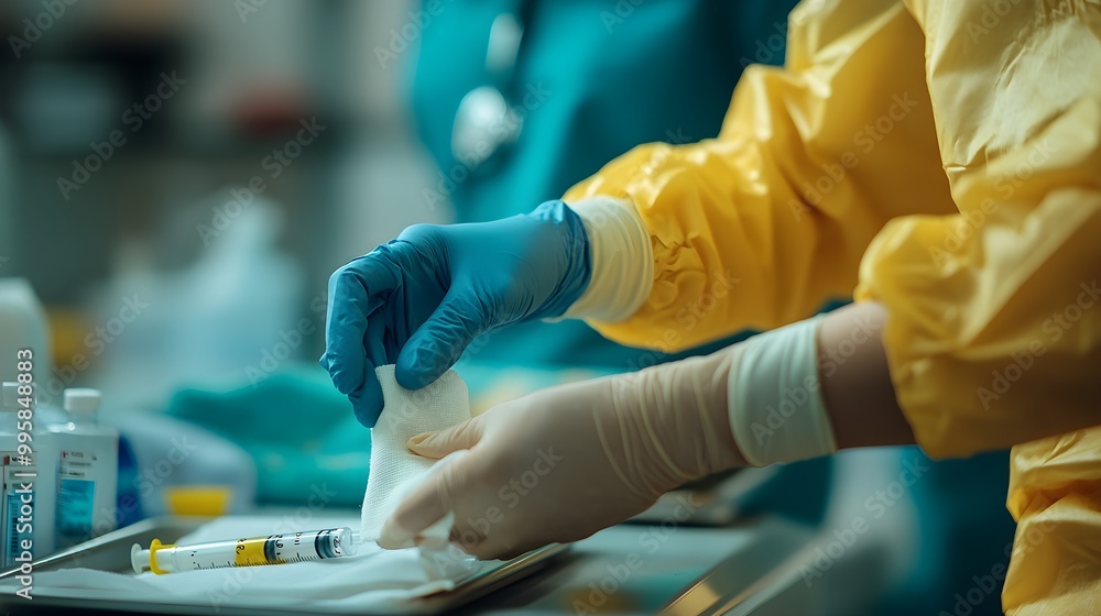 Close-up of a healthcare worker applying a bandage to a patient's arm after vaccination, syringe on the tray nearby, realistic style, soft lighting, warm tones, medical environment Close-up of a healthcare worker applying a bandage to a patient's arm after vaccination, syringe on the tray nearby, realistic style, soft lighting, warm tones, medical environment
