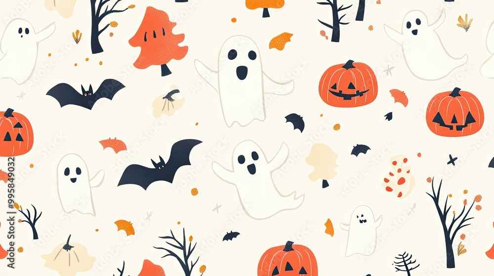A seamless pattern of Halloween doodles, with cute ghosts, tiny pumpkins, spooky trees, and bats flying, in a colorful hand-drawn style. A seamless pattern of Halloween doodles, with cute ghosts, tiny pumpkins, spooky trees, and bats flying, in a colorful hand-drawn style.