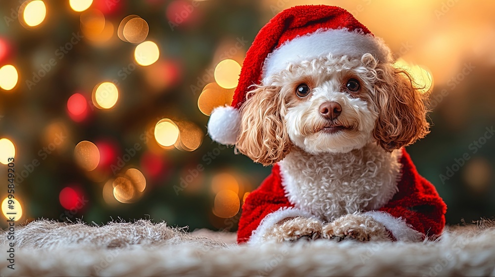 A small, furry dog wearing a Santa hat and suit looks sweetly at the camera, posed in front of a softly lit Christmas tree. A small, furry dog wearing a Santa hat and suit looks sweetly at the camera, posed in front of a softly lit Christmas tree.