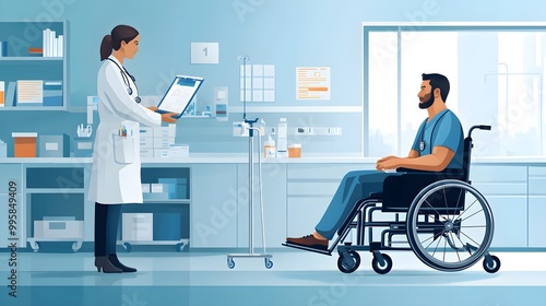 Dynamic hospital environment with a nurse giving a vaccine to a wheelchair-bound patient, emphasizing healthcare equality and support for all abilities