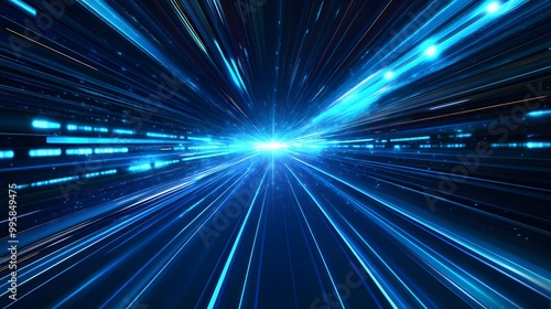 Vector Abstract, science, futuristic, energy technology concept. Digital image of light rays, stripes lines with blue light, speed and motion blur over dark blue background. 