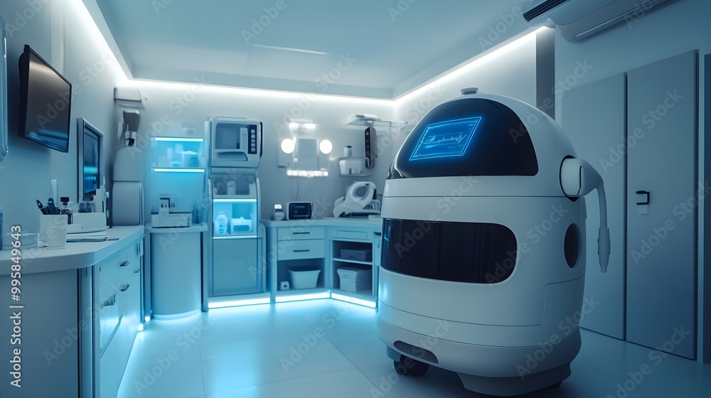 High-tech nurse robot administering a vaccine, holographic display, clean clinic setting, futuristic lighting, 3D model, blue and white tones High-tech nurse robot administering a vaccine, holographic display, clean clinic setting, futuristic lighting, 3D model, blue and white tones