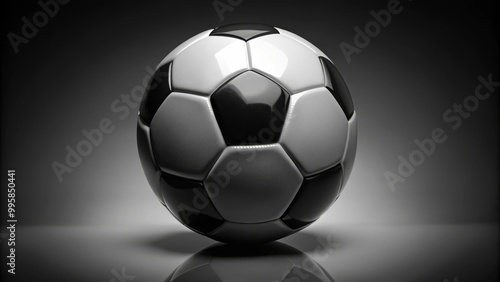 Classic black and white soccer ball is sitting on a dark background with reflection