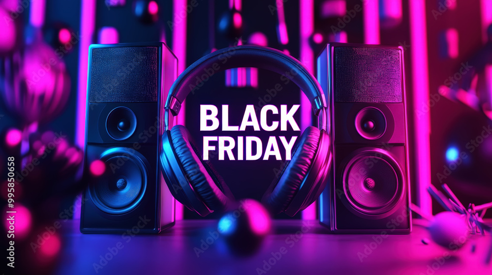 Neon BLACK FRIDAY banner with floating headphones and speakers. Mockup for electronics store. Generative AI Neon BLACK FRIDAY banner with floating headphones and speakers. Mockup for electronics store. Generative AI