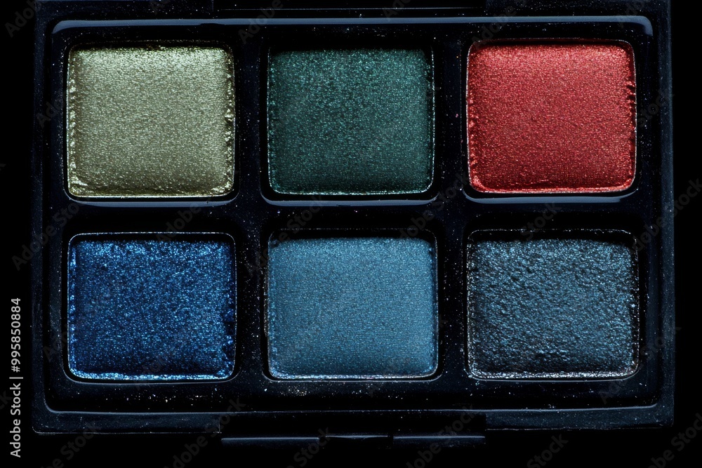 Fototapeta premium Compact eyeshadow quad featuring green gold and red shades with a sleek design ideal for creating bold statement eye makeup looks