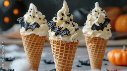 Ghoulishly good Halloween ice cream cones with eerie toppings like edible bats and ghostly whipped cream. photo