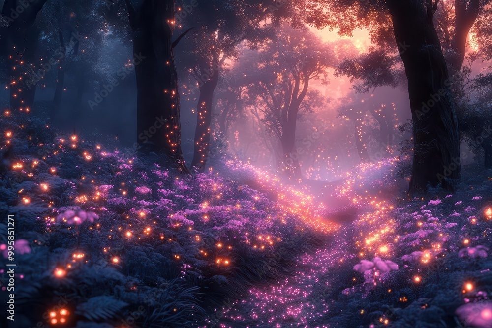 bioluminescent forest with floating spores ethereal mist and otherworldly plant life glowing in various neon hues bioluminescent forest with floating spores ethereal mist and otherworldly plant life glowing in various neon hues