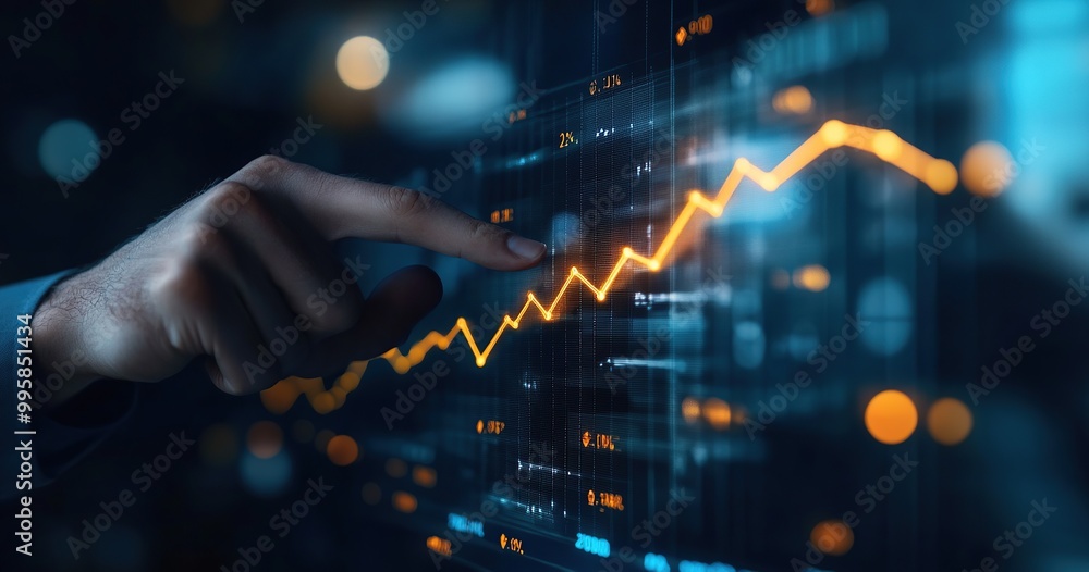 Businessman touching an upward line on a glowing graph with his finger, a rising growth chart Businessman touching an upward line on a glowing graph with his finger, a rising growth chart
