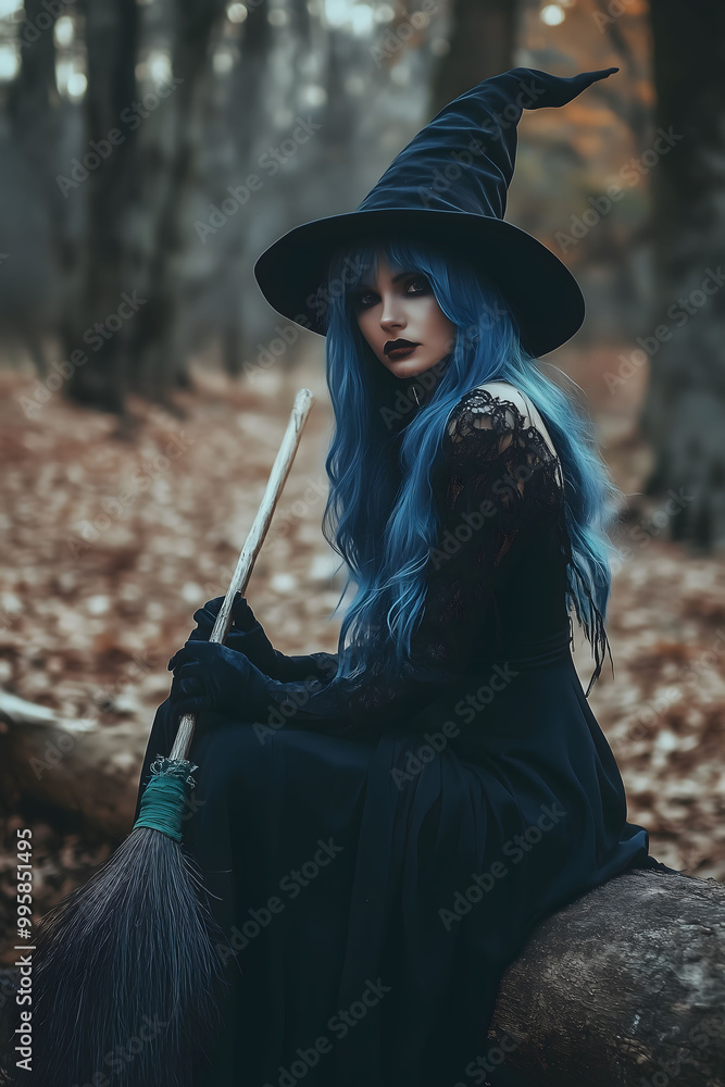 Naklejka premium Witch with a broom, Halloween