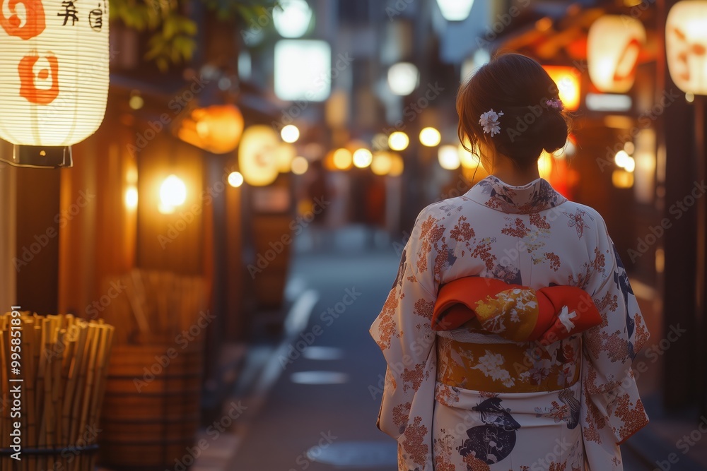 A woman wearing a kimono walks down a street at night A woman wearing a kimono walks down a street at night
