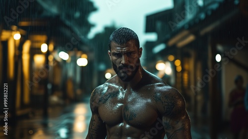 A determined muscular man stands resolute in the rain on a deserted street, surrounded by flickering streetlights and shadowy buildings at night