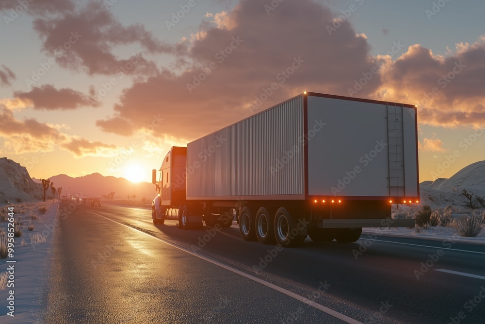 A large semi truck is driving down a road at sunset A large semi truck is driving down a road at sunset