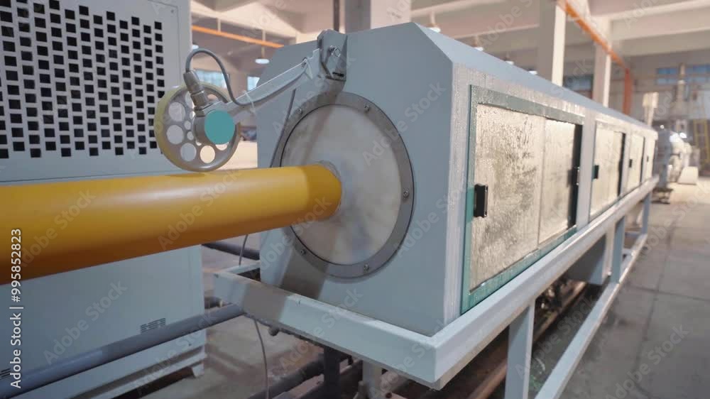 View of a machine working on manufacturing of PVC pipes in Pipe Making Factory in Karachi, Pakistan. View of a machine working on manufacturing of PVC pipes in Pipe Making Factory in Karachi, Pakistan.