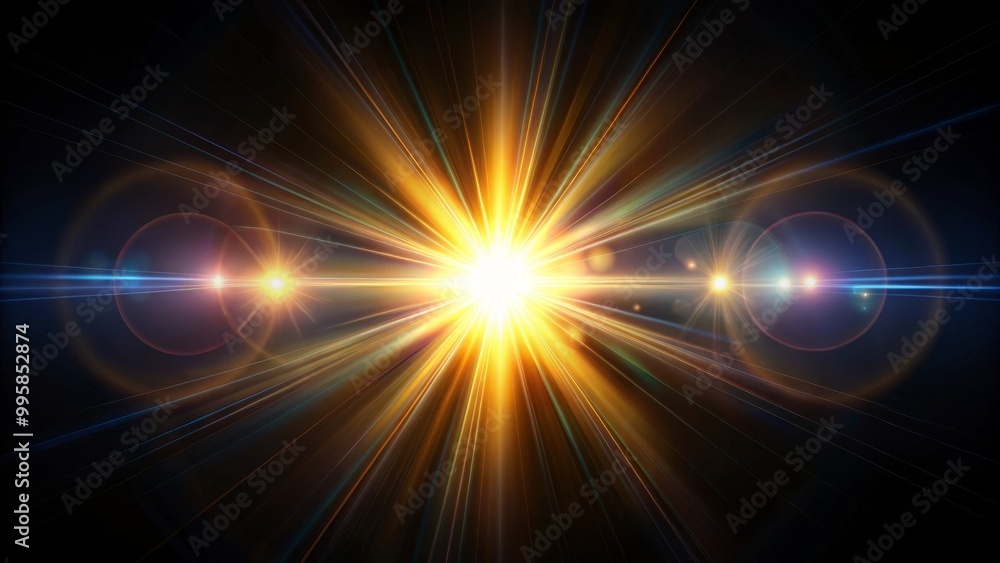 Obraz premium Light beams are radiating from a bright center with lens flare on a black background