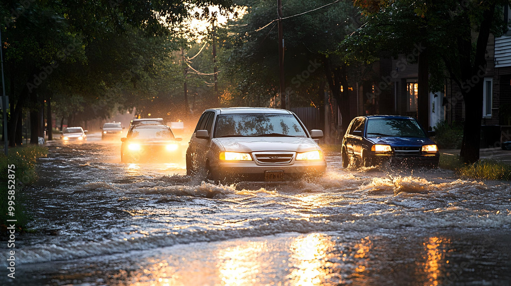 Multiple cars navigating a flooded urban street, with water covering the road after heavy rainfall, reflecting city lights.
Multiple cars navigating a flooded urban street, with water covering the road after heavy rainfall, reflecting city lights.