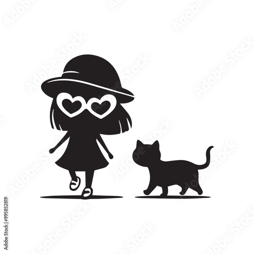 cute little girl wearing a hat and heart-shaped sunglasses, walking next to a black cat