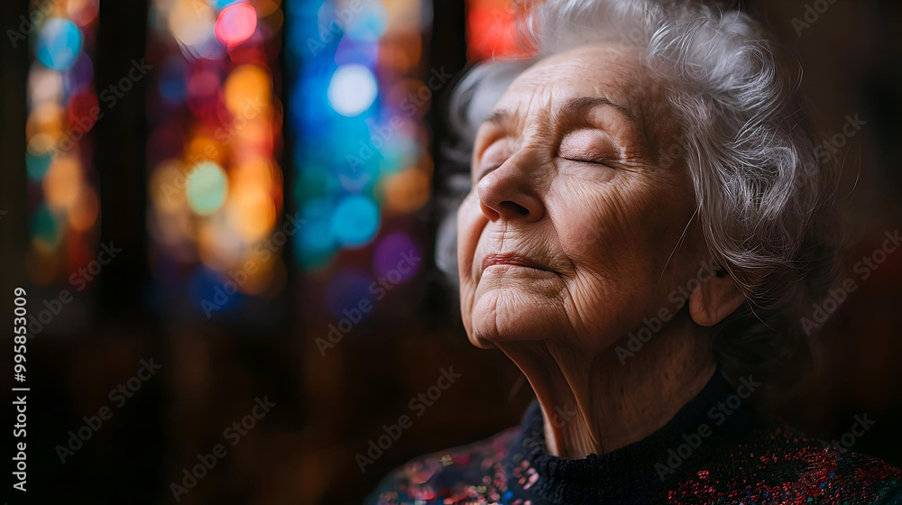 Obraz premium Close-up of an elderly woman with eyes closed in prayer, sitting in a church with stained glass windows in the background. 