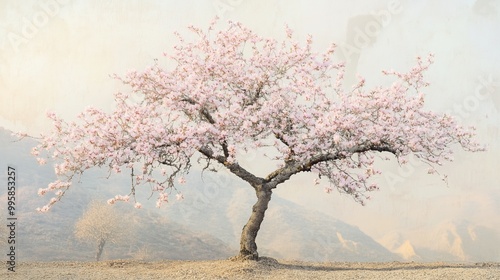 Blossoming cherry tree stands gracefully in an open field against a soft pastel sky during early spring