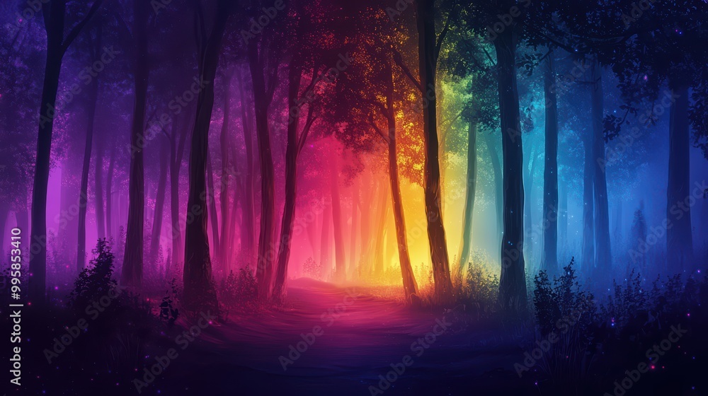 Obraz premium Enchanting Forest Path with Vibrant Rainbow Colors and Mystical Atmosphere at Twilight