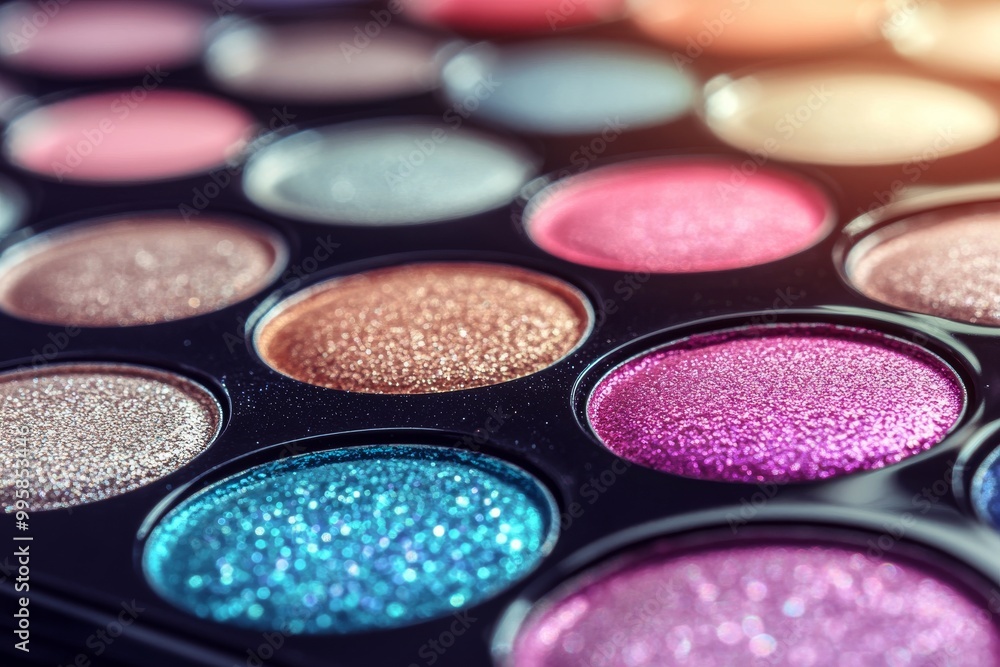 Glittering eyeshadow palette with shades of pink blue and teal arranged in soft focus lighting ideal for party or festive makeup looks Glittering eyeshadow palette with shades of pink blue and teal arranged in soft focus lighting ideal for party or festive makeup looks