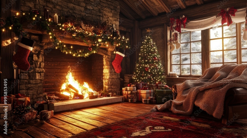 An inviting fireside scene with a crackling fire, cozy blankets, and holiday decorations. An inviting fireside scene with a crackling fire, cozy blankets, and holiday decorations.