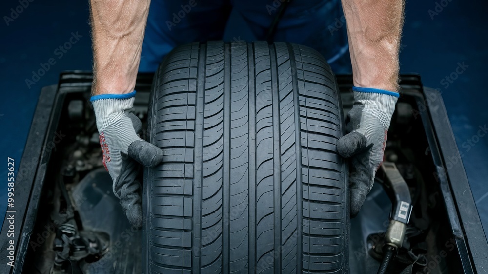 Fototapeta premium Close-up of mechanic's hand holding new tire in shop Changing winter and summer tires