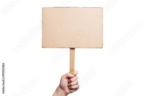 Person holding a cardboard protest sign with a wooden handle, isolated against a white background, ready for text or message..