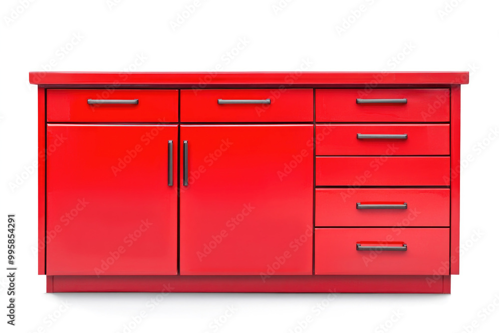 Glossy red kitchen cabinet with dark handles and a minimalistic design, perfect for modern home interiors, combining functionality and style. Glossy red kitchen cabinet with dark handles and a minimalistic design, perfect for modern home interiors, combining functionality and style.