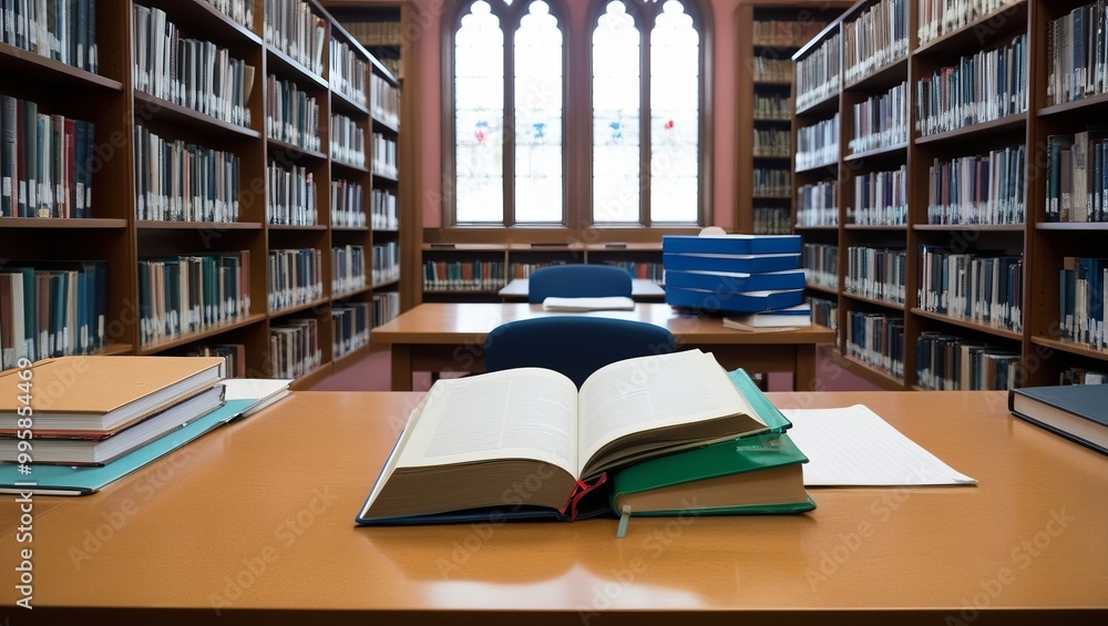 Stack of books on a table in a library. Wooden bookcase full of books in a public library. Stack of books on a table in a library. Wooden bookcase full of books in a public library.