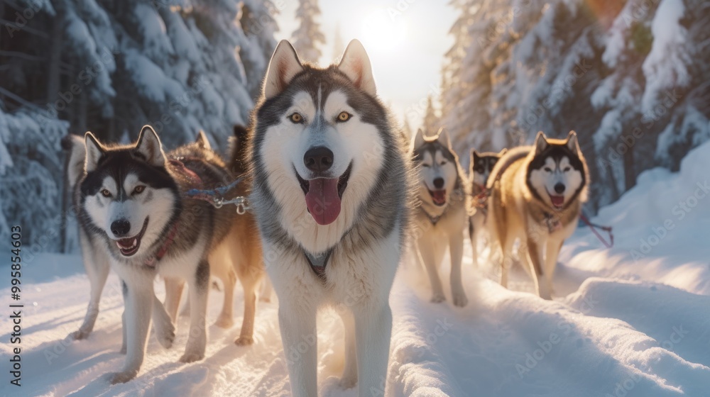 Siberian Huskies in Snowy Forest Siberian Huskies in Snowy Forest