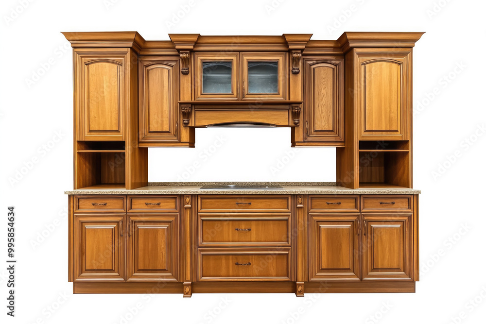 Ornate wooden kitchen cabinets with a granite countertop and decorative moldings, combining luxury and traditional craftsmanship for a timeless home interior design. Ornate wooden kitchen cabinets with a granite countertop and decorative moldings, combining luxury and traditional craftsmanship for a timeless home interior design.