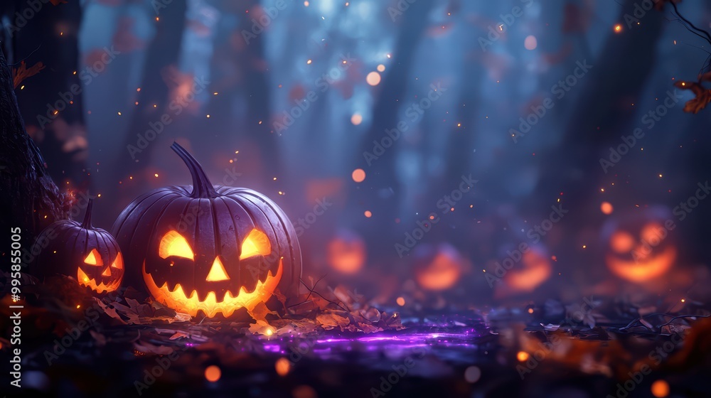 Spooky Halloween Night with Glowing Jack-o'-Lanterns in a Mysterious Forest Spooky Halloween Night with Glowing Jack-o'-Lanterns in a Mysterious Forest