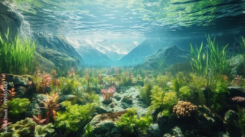 Underwater View of a Mountainous Lakebed with Lush Aquatic Plants and Rocks