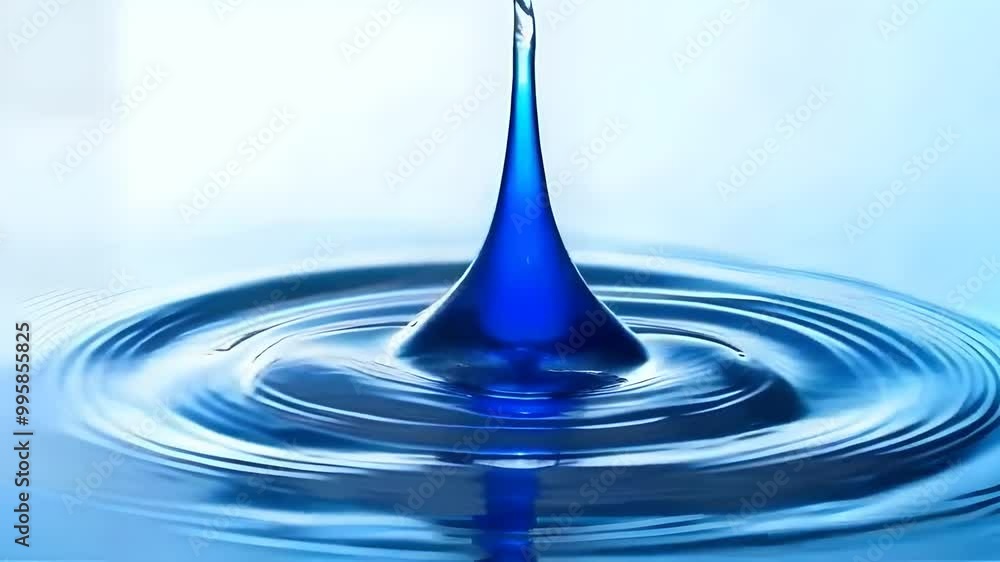 Water drop falling onto blue surface creating ripples, reflecting light ...