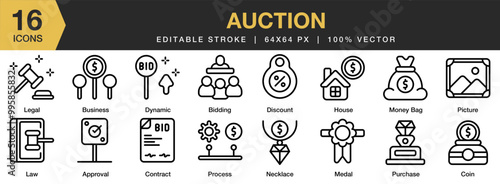 Auction icon set. Editable Stroke Icon Collection. Includes approval, bidding, business, coin, contract, discount, and More. Outline icons vector collection.