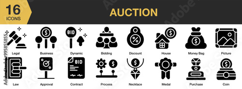 Auction solid icon set. Includes dynamic, house, law, legal, medal, money, process, and More. Solid icons vector collection.