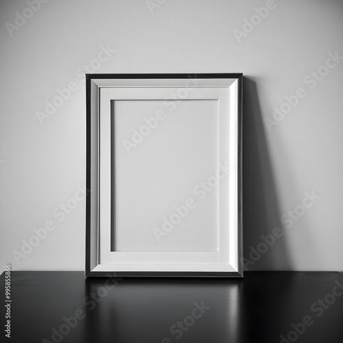 Black photo frame and red rose on white wooden table