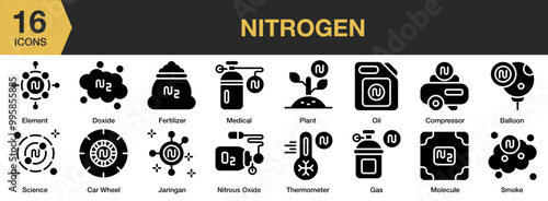 Nitrogen solid icon set. Includes ballon, car wheel, compressor, dioxide, element, and More. Solid icons vector collection.